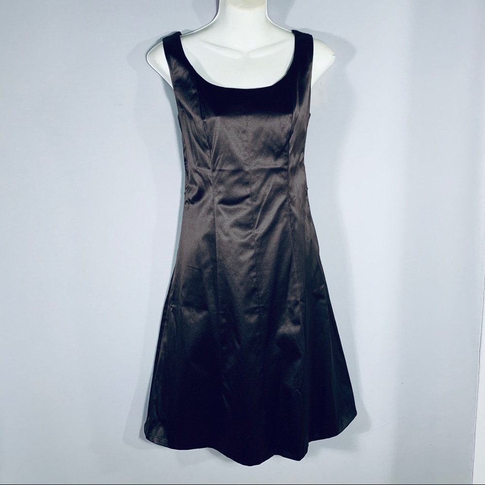 Brown Satin Sleeveless Flared dress